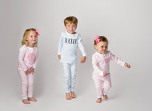 Load image into Gallery viewer, Matching Pajamas, girls personalize pajamas, boys monogram pajamas, pima cotton pajamas, sibling pajamas, sk creations, pink and blue
