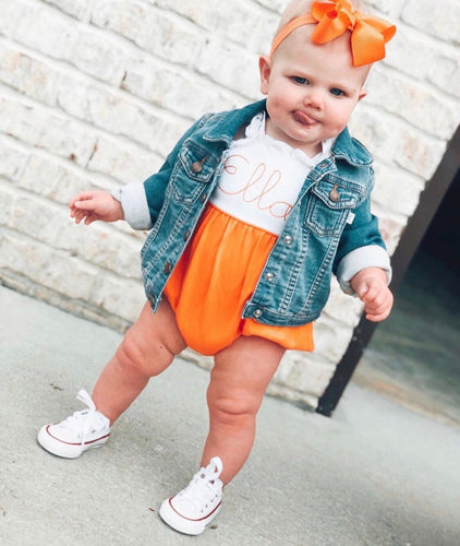 Girls Romper, monogrammed bubble, personalized sunsuit, baby girl clothing, 1st birthday gift, birthday outfit, orange white, sk creations