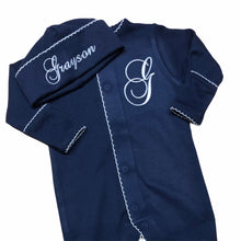 Load image into Gallery viewer, Baby boy coming home outfit, navy monogrammed footie and hat, sk creations, pima cotton
