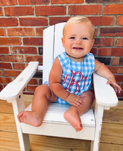 Load image into Gallery viewer, Boys Bubble, monogrammed bubble, sunsuit, monogram, personalized patriotic outfit, boys 4th of july outfit, sk creations
