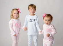 Load image into Gallery viewer, Matching Pajamas, girls personalize pajamas, boys monogram pajamas, pima cotton pajamas, sibling pajamas, sk creations, pink and blue
