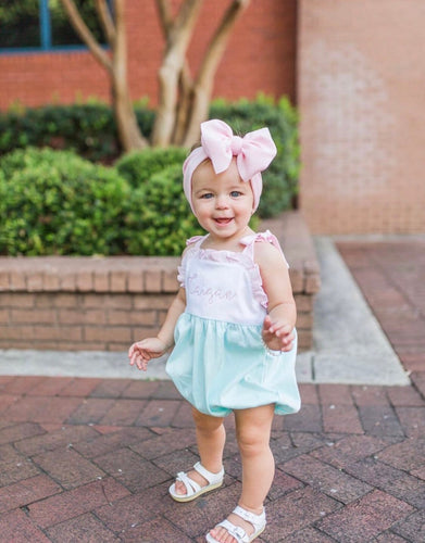 Girls Romper, monogrammed bubble, personalized sunsuit, baby girl clothing, 1st birthday gift, birthday outfit, mint and pink, sk creations