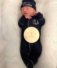 Load image into Gallery viewer, Baby boy coming home outfit, navy monogrammed footie and hat, sk creations, pima cotton
