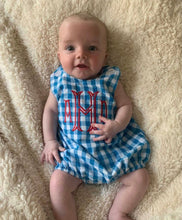 Load image into Gallery viewer, Boys Bubble, monogrammed bubble, sunsuit, monogram, personalized patriotic outfit, boys 4th of july outfit, sk creations
