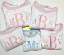 Load image into Gallery viewer, Monogrammed Pajamas, girls personalize pajamas, boys monogram pajamas, pima cotton pajamas, sibling pajamas, sk creations, pink and blue
