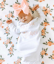 Load image into Gallery viewer, Monogrammed gown with matching bow, personalized baby gown, coming home outfit, monogram, newborn pictures, baby, custom
