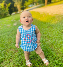 Load image into Gallery viewer, Boys Bubble, monogrammed bubble, sunsuit, monogram, personalized patriotic outfit, boys 4th of july outfit, sk creations
