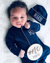 Load image into Gallery viewer, Baby boy coming home outfit, navy monogrammed footie and hat, sk creations, pima cotton
