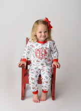 Load image into Gallery viewer, Personalized Christmas Pajamas, kids PJs, childrens pajamas, monogrammed, sk creations, pima cotton, zip, 2 piece, vintage car, sibling
