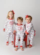 Load image into Gallery viewer, Personalized Christmas Pajamas, kids PJs, childrens pajamas, monogrammed, sk creations, pima cotton, zip, 2 piece, vintage car, sibling
