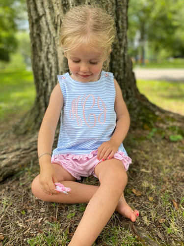 Girls Bloomer Set, monogrammed bloomer set, girls summer outfit, sk creations, pima cotton, monogram summer outfit, blue stripes