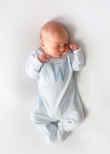 Load image into Gallery viewer, Baby boy coming home outfit, monogrammed coming home set, boys footie, Pima Cotton, sk creations, blue mini stripes
