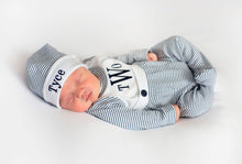 Load image into Gallery viewer, Baby boy coming home outfit, Monogrammed footie romper, Personalized Baby gift, sleeper, newborn pictures, navy mini stripe bib front footie
