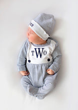 Load image into Gallery viewer, Baby boy coming home outfit, Monogrammed footie romper, Personalized Baby gift, sleeper, newborn pictures, navy mini stripe bib front footie
