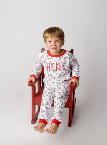 Personalized Christmas Pajamas, kids PJs, childrens pajamas, monogrammed, sk creations, pima cotton, zip, 2 piece, tractor Christmas Pajamas