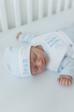 Load image into Gallery viewer, Baby boy coming home outfit, Monogrammed footie romper, Personalized Baby gift, sleeper, newborn pictures, blue mini stripe bib front footie
