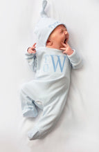 Load image into Gallery viewer, Baby boy coming home outfit, monogrammed coming home set, boys footie, Pima Cotton, sk creations, blue mini stripes
