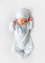 Load image into Gallery viewer, Baby boy coming home outfit, monogrammed coming home set, boys footie, Pima Cotton, sk creations, blue mini stripes
