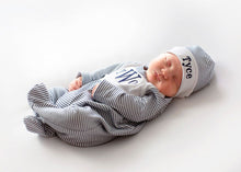 Load image into Gallery viewer, Baby boy coming home outfit, Monogrammed footie romper, Personalized Baby gift, sleeper, newborn pictures, navy mini stripe bib front footie
