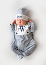 Load image into Gallery viewer, Baby boy coming home outfit, Monogrammed footie romper, Personalized Baby gift, sleeper, newborn pictures, navy mini stripe bib front footie
