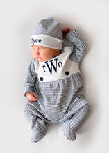 Load image into Gallery viewer, Baby boy coming home outfit, Monogrammed footie romper, Personalized Baby gift, sleeper, newborn pictures, navy mini stripe bib front footie
