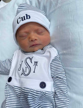 Load image into Gallery viewer, Baby boy coming home outfit, Monogrammed footie romper, Personalized Baby gift, sleeper, newborn pictures, navy mini stripe bib front footie
