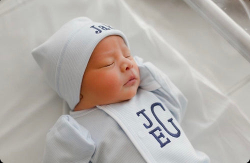 Baby boy coming home outfit,  Monogrammed footie, Baby gift, Monogrammed sleeper, blue tiny stripes