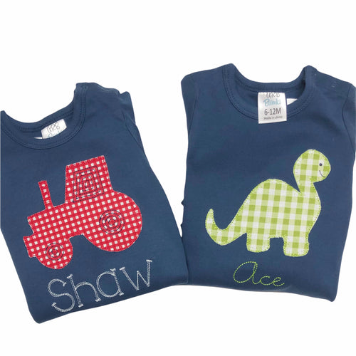 Monogrammed boys outfit, baby boys clothing, dino outfit, dinosaur outfit, tractor appliqué outfit, shirt, ARB