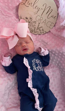 Load image into Gallery viewer, Baby girl coming home outfit, monogrammed footie, ruffle footie navy, newborn picture outfit, baby girl clothing, baby shower gift, pima
