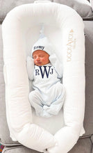 Load image into Gallery viewer, Baby boy coming home outfit, monogrammed coming home set, boys footie, Pima Cotton, sk creations, blue mini stripes
