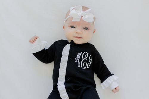 Baby girl coming home outfit, personalized coming home outfit, ruffle footie, ruffle outfit, sk creations, pima cotton, ruffle footie, boho