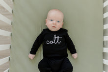 Load image into Gallery viewer, Baby Boy coming home outfit, baby boys outfit, monogrammed outfit, black take me home set, sk creations, pima cotton,
