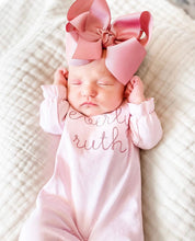 Load image into Gallery viewer, Baby girl coming home outfit, monogrammed ruffle romper
