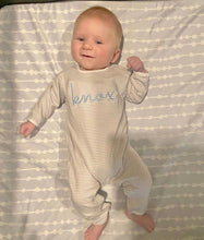 Load image into Gallery viewer, Boys baby coming home outfit, shower gift, romper, monogrammed boys outfit, name outfit, boys photo outfit, 1st birthday, gift, mini stripe
