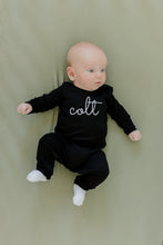 Load image into Gallery viewer, Baby Boy coming home outfit, baby boys outfit, monogrammed outfit, black take me home set, sk creations, pima cotton,
