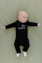 Load image into Gallery viewer, Baby Boy coming home outfit, baby boys outfit, monogrammed outfit, black take me home set, sk creations, pima cotton,
