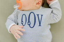 Load image into Gallery viewer, Boys baby coming home outfit, shower gift, romper, monogrammed boys outfit, name outfit, boys photo outfit, 1st birthday, gift, mini stripe
