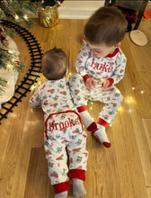 Load image into Gallery viewer, Personalized Christmas Pajamas, kids PJs, childrens pajamas, monogrammed, sk creations, pima cotton, zip, 2 piece, vintage car, sibling
