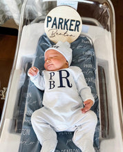 Load image into Gallery viewer, Baby boy coming home outfit, monogrammed coming home set, boys footie, Pima Cotton, sk creations, blue mini stripes
