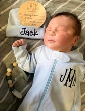 Load image into Gallery viewer, Baby coming home outfit, personalized baby boy, monogrammed baby girl, baby shower gift, preemie, newborn, zip footie, baby, ARB, LTC
