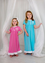 Load image into Gallery viewer, Girls gown, monogrammed lounge wear, Pima Cotton, monogrammed gown, sk creations
