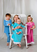 Load image into Gallery viewer, Girls gown, monogrammed lounge wear, Pima Cotton, monogrammed gown, sk creations
