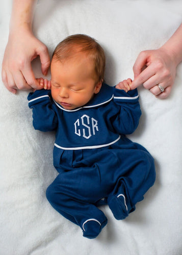 Baby boy coming home outfit, monogrammed boy romper, sk creations, pima cotton