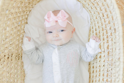 Baby girl coming home outfit, monogrammed footie, ruffle footie grey, newborn picture outfit, baby girl clothing, baby shower gift, pima
