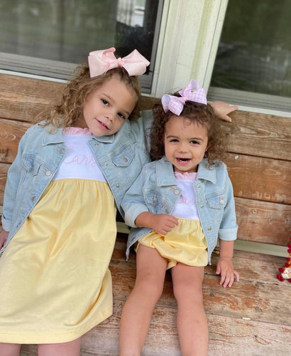 Girls dress, monogrammed summer outfit, beach photos, matching sibling set, personalized dress, pima cotton, sk creations, Yellow and Pink