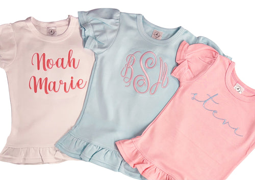 Monogrammed girls shirt, personalized ruffle shirt, birthday gift, sk creations,