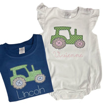 Load image into Gallery viewer, Personalized tractor shirt, boys tractor shirt, girls tractor outfit, applique tractor, sk creations
