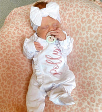 Load image into Gallery viewer, Baby girl coming home outfit, monogrammed footie, newborn clothing, girl clothing, baby shower gift, sleeper, ruffle footie
