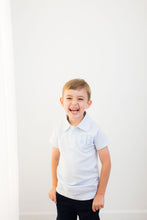 Load image into Gallery viewer, Boys Monogrammed polo, boys polo, personalized polo, 4th of july outfit, boys, pima cotton, sk creations, blue mini stripe
