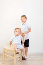 Load image into Gallery viewer, Boys Monogrammed polo, boys polo, personalized polo, 4th of july outfit, boys, pima cotton, sk creations, blue mini stripe
